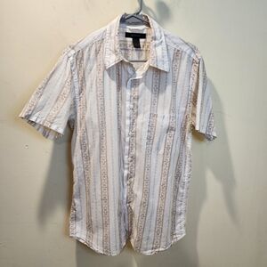 EXPRESS Men's White and Brown Striped Short Sleeves Shirt Size M